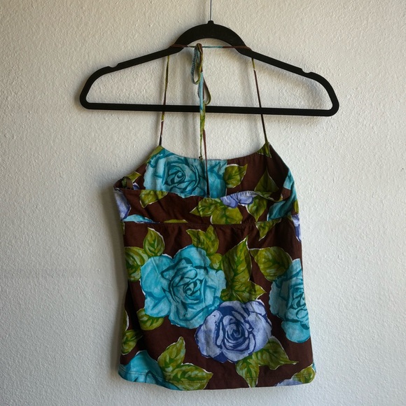 Y2K BCBGMaxazria Brown Blue Floral Boho Halter Top Size S - Picture 2 of 8